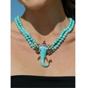 Elephant Teal Turquoise Stone and Jewel Statement Necklace 12”
